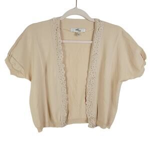One 7 Six tan beaded ruffled cropped short sleeved open cardigan size medium